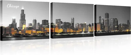 Vista 44 de 3 paneles de Atlanta Skyline vista de la ciudad en blanco y negro, imágenes panorámicas de edificio de ciudad, decoración de pared para sala