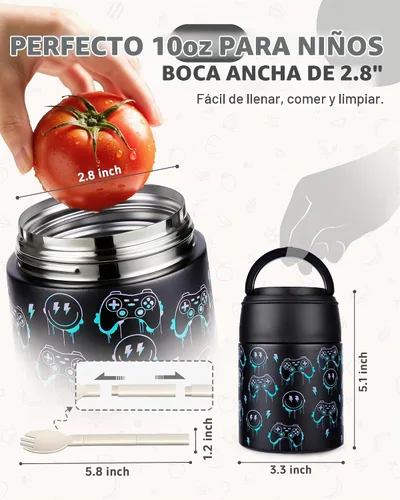 Vista 3 de Termo de sopa de 10 onzas para comida caliente para niños, tarro de comida aislado con cuchara boca ancha, recipiente de almuerzo de acero