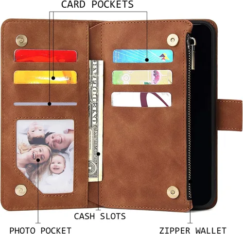 Vista 2 de UEEBAI Funda tipo cartera para iPhone 12 Mini, piel sintética, cierre magnético, correa de mano, múltiples ranuras para tarjetas, soporte de Marrón