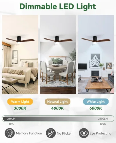 Vista 4 de Sofucor Ventiladores de techo de 52 pulgadas con luces, ventilador de techo de montaje al ras con luces y control remoto, luz de ventilador de techo