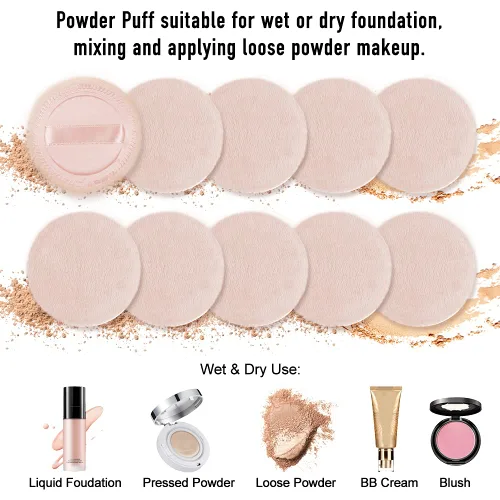 Vista 2 de 10 piezas de almohadillas de algodón para maquillaje en polvo con cinta LOOKSEVEN, para polvo suelto y base, 6 cm (Beige)