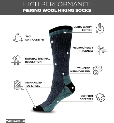 Vista 3 de Andrew Scott Calcetines para botas de lana merina para senderismo, 6 pares, para hombre
