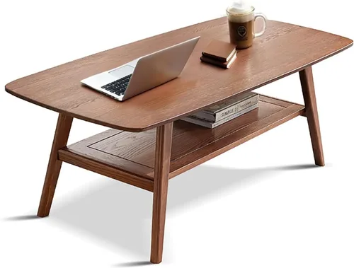 Vista 7 de Mesa de centro de madera maciza, moderna mesa de centro de madera con estante de almacenamiento para sala de estar, apartamento y oficina