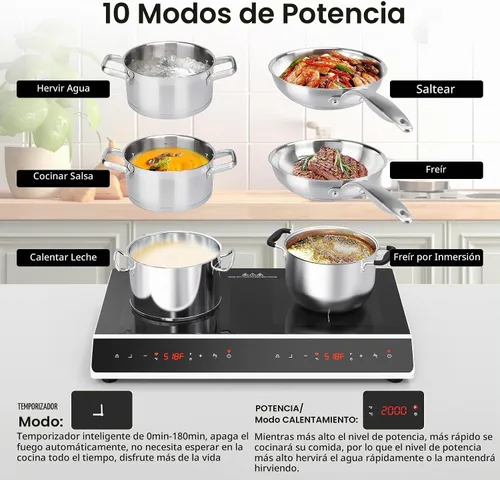 Vista 5 de GIHETKUT Placa de cocción de doble inducción, 4000 W, 2 quemadores, placa de inducción con pantalla táctil LED, 10 niveles de ajustes con bloqueo
