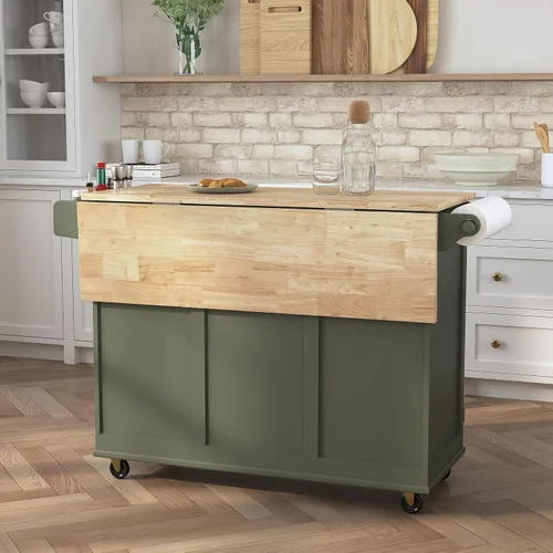 Vista 8 de Homestyles Carrito móvil de isla de cocina con parte superior de madera y barra de desayuno con hoja desplegable, 18" de profundidad x 53.5" de Verde
