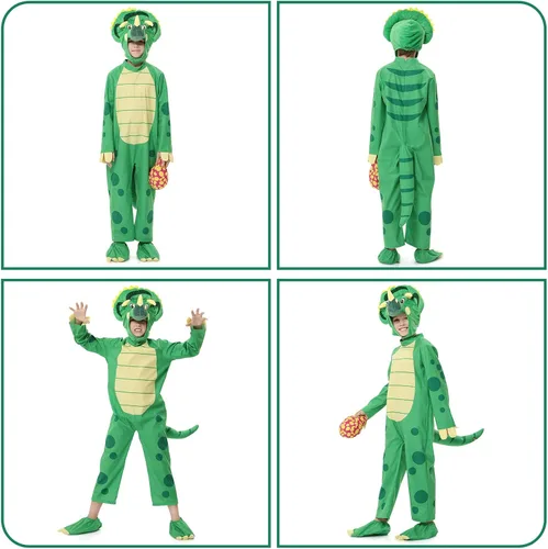 Vista 2 de LIZHOUMIL Disfraz de dinosaurio de Halloween, disfraz de Triceratops de lujo, color naranja para niños