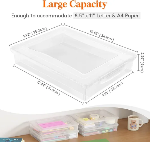Vista 2 de Lifewit Paquete de 4 cajas de almacenamiento multiusos de plástico con tapas de cierre, almacenamiento de papel transparente A4, estuche rígido