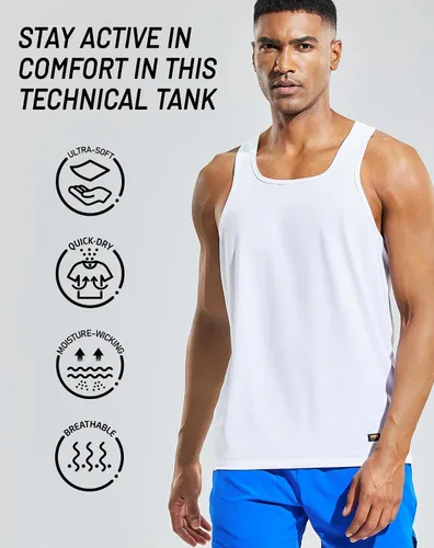Vista 2 de MIER Camisetas de entrenamiento sin mangas para hombre, secado rápido, natación, atletismo, gimnasio, correr, muscular, playa, camisetas sin mangas