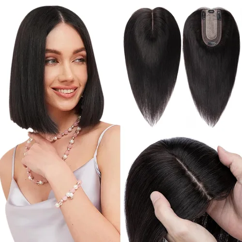 Vista 31 de Hairro Toppers de cabello humano 100% real para mujeres sin flequillo, postizos de cabello real con clip, base de seda transpirable para cubrir