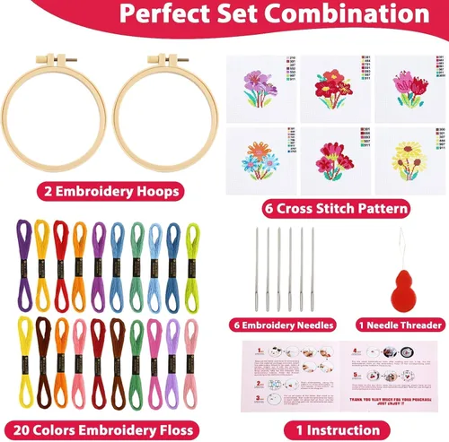 Vista 2 de ZOIIWA 6 piezas de kits de costura de flores con tema de primavera para principiantes, kit de bordado DIY de flores para niños y adultos, kit