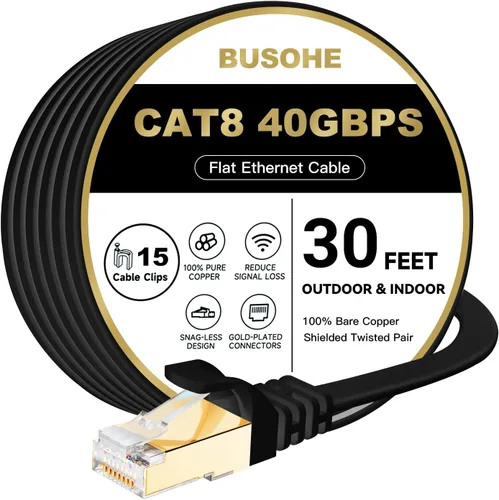 Vista 17 de Cable Ethernet Cat 8 de 1 pie, paquete de 2 unidades, 40 Gbps 2000 MHz Cat8 cable de conexión de red de Internet plano de alta velocidad, cable LAN