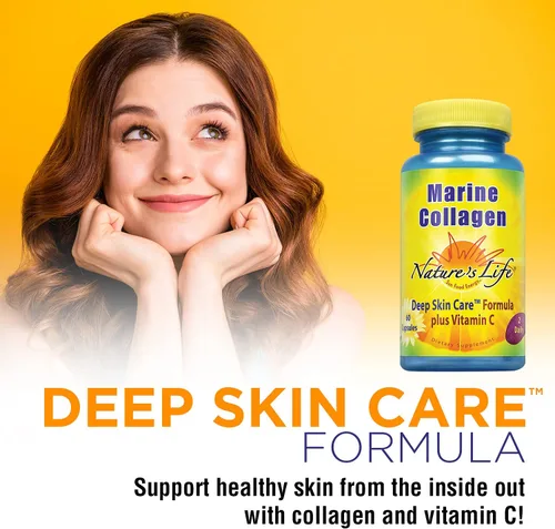 Vista 3 de Nature's Life Marine Collagen Deep Skin Care Formula Plus Vitamin C de pescado de agua fría profunda 30 porciones, 60 cápsulas