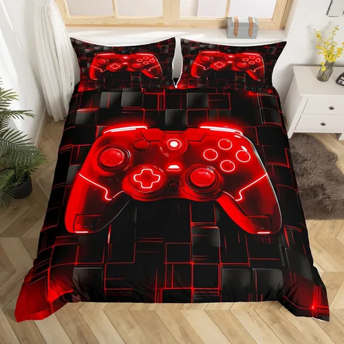 Vista 44 de Juego de funda de edredón con diseño de videojuegos para niños, tamaño individual, negro y azul a cuadros, juego de ropa de cama moderna