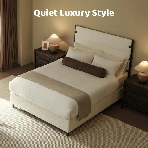 Vista 3 de RECCI Base de cama tapizada tamaño King con cabecero alto con cinturón Crema Boucle