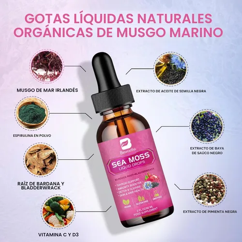 Vista 2 de Gotas Líquidas de Musgo Marino - Musgo Marino Irlandés Orgánico con Aceite de Semilla Negra, Raíz de Bardana, Fucus, Baya del Saúco, Vitamina C, D3