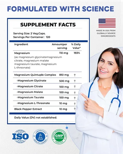Vista 5 de Complejo de magnesio de 820 mg, 240 cápsulas vegetarianas, para mujeres y hombres con glicinato de magnesio, citrato, malato, taurato y L-treonato