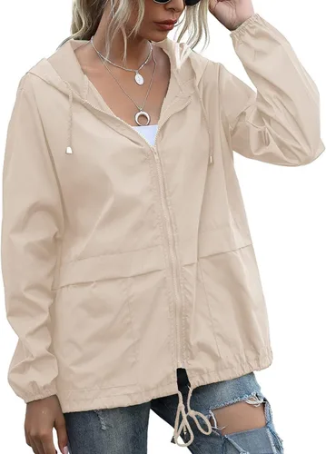 Vista 20 de PESION Chaqueta impermeable ligera para mujer, rompevientos con capucha y bolsillo para exteriores Verde militar