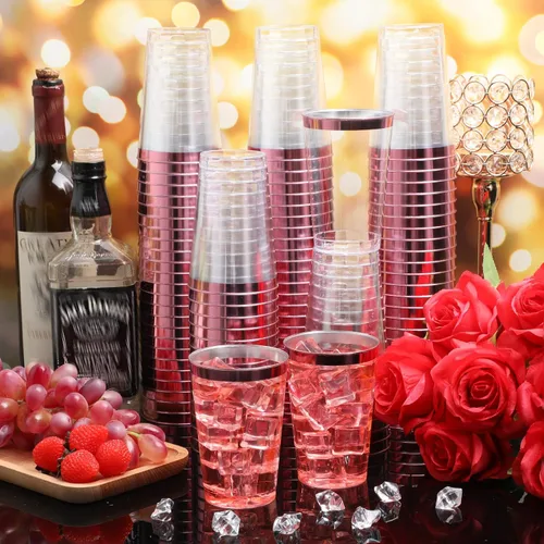 Vista 5 de Patelai - 100 vasos de plástico rosa de 12 onzas desechables transparentes con borde rosa, vasos de cóctel de vino para boda, cumpleaños, despedida