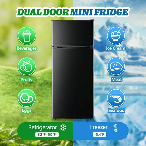 Vista 2 de DEMULELR - Mini refrigerador pequeño de 4.5 pies cúbicos con congelador, mini refrigerador negro de dos puertas con cajón para verduras y espacio
