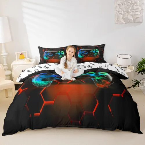 Vista 43 de Juego de funda de edredón con diseño de videojuegos para niños, tamaño individual, negro y azul a cuadros, juego de ropa de cama moderna