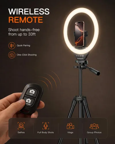 Vista 6 de SENSYNE - Anillo de luz de 10 pulgadas con soporte de trípode extensible de 50 pulgadas, luces circulares LED con soporte para teléfono