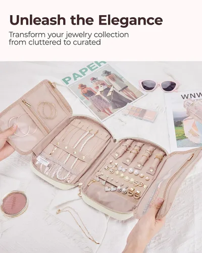 Vista 2 de BAGSMART Estuche de joyería de viaje, organizador de joyas para mujeres y niñas, con cremallera, bolsa de almacenamiento para rollos, collares