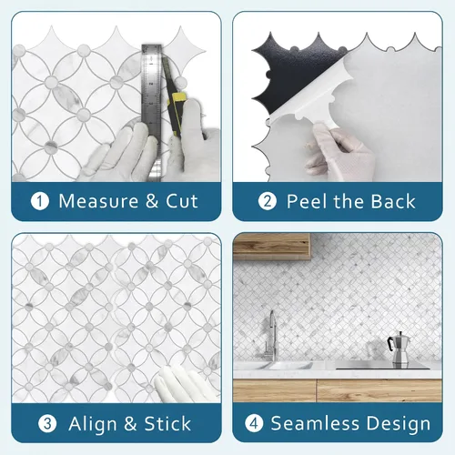 Vista 4 de SUNWINGS Azulejos Autoadhesivos de Moneda de Despegar y Pegar de 10 Hojas con Chorro de Agua para Salpicadero, Paneles de Pared de Mármol Blanco