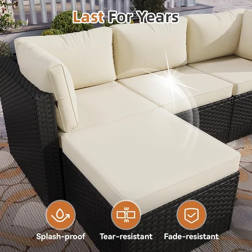 Vista 7 de Aoxun Juego de muebles de patio de 5 piezas, sofás seccionales para exteriores con cojín lavable, juegos de conversación de mimbre para patio Beige