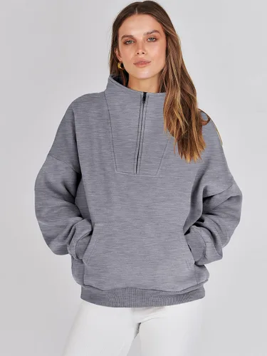 Vista 7 de ANRABESS Sudaderas con media cremallera para mujer, sudaderas cortas de gran tamaño, suéter de forro polar para otoño, ropa de moda Y2K