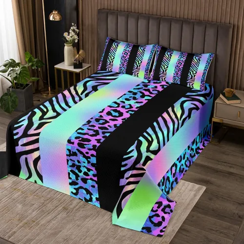 Vista 5 de Juego de colcha con lazo para niños, tamaño individual, diseño de cebra y leopardo con purpurina, decoración de habitación para niñas y mujeres