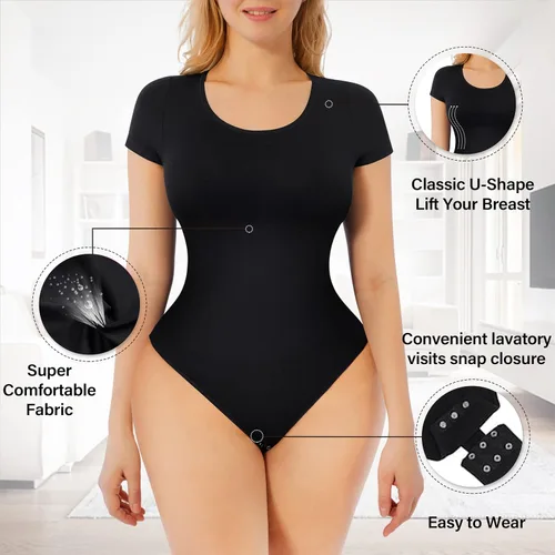 Vista 3 de Bodysuit for Women - Seamless Body Shaper Short Sleeve Shapewear Shaping Sculpting Suit Thong