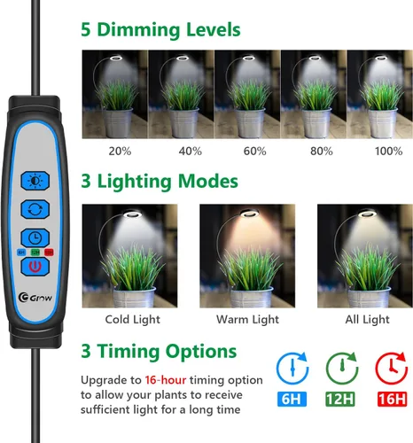 Vista 3 de Luz de cultivo con clip, luces de plantas de halo de 6000 K para cultivar plantas pequeñas, lámpara LED de espectro completo con temporizador