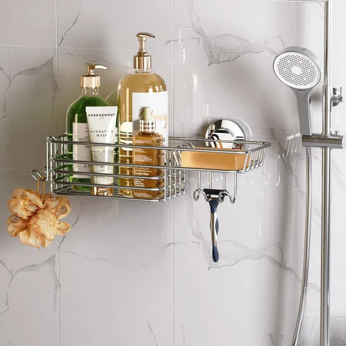 Vista 10 de LEVERLOC Cesta de ducha con ventosa, cesta de ducha con ganchos y jabonera para baño, organizador de ducha para baño sin necesidad de taladrar