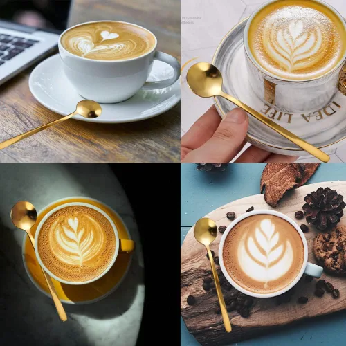 Vista 8 de Juego de 4 cucharas de té helado de mango largo, cucharas de café chapadas en oro para café expreso, azúcar, postre, pastel, helado, cóctel