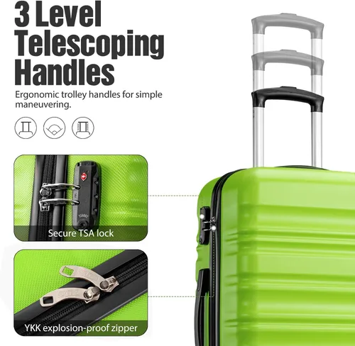 Vista 4 de LONG VACATION Juego de equipaje de 4 piezas de ABS hardshell TSA Lock Spinner Ruedas equipaje de mano en maleta, Manzana Verde (Apple Green), Juego