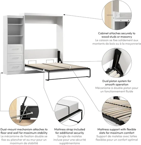 Vista 4 de Bestar Pur Queen Murphy - Mueble de cama y estantería con cajones, cama de pared de 90 pulgadas que ahorra espacio