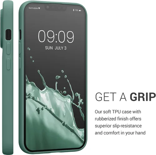 Vista 4 de kwmobile Funda compatible con Apple iPhone 13 Pro, funda de TPU suave con tarjetero y acabado de silicona, color verde bosque