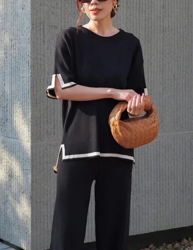 Vista 4 de Lviefent Conjunto de 2 piezas para mujer, suéter de punto de manga corta, pantalones de pierna ancha, sudadera