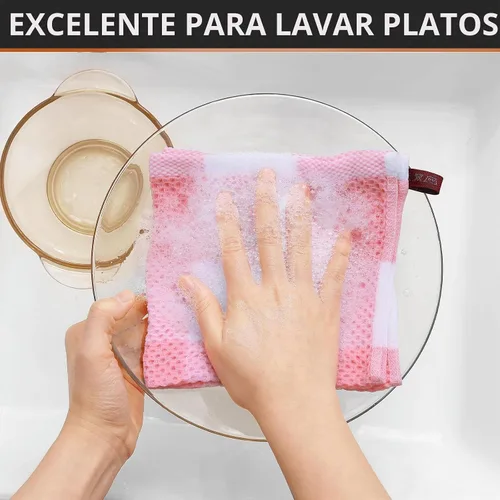 Vista 4 de Homaxy 100% Cotton Check 6 Pack Dish Cloths, 12" x 12", White & Pink Blanco & Rosa
