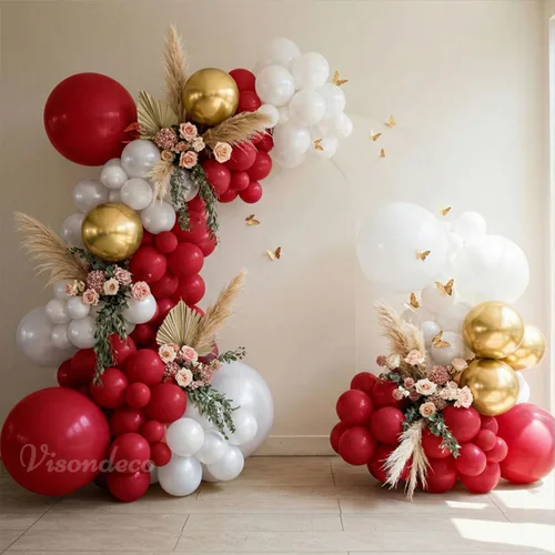 Vista 7 de Kit de arco de globos rojos y blancos, doble relleno blanco perla, borgoña, granate, rojo oscuro, juego de arco de globos para graduación 2026, San