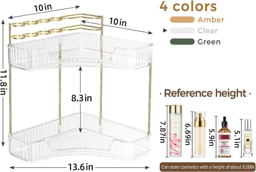 Vista 2 de BEFSOP Organizador de esquina para mostrador de baño, organizador de maquillaje mejorado de 2 niveles con soporte para brochas de maquillaje