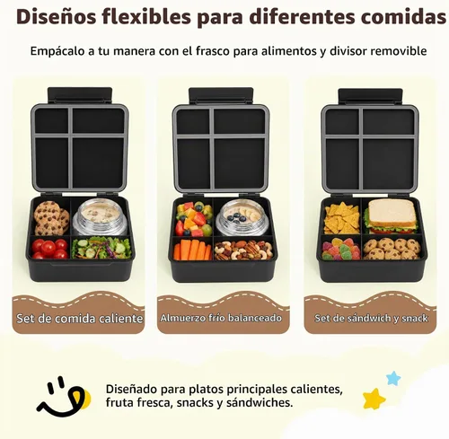 Vista 4 de Lonchera Bento para niños con contenedor térmico de alimentos (9 onzas), lonchera de 4 compartimentos, divisor ajustable, lonchera Bento a prueba