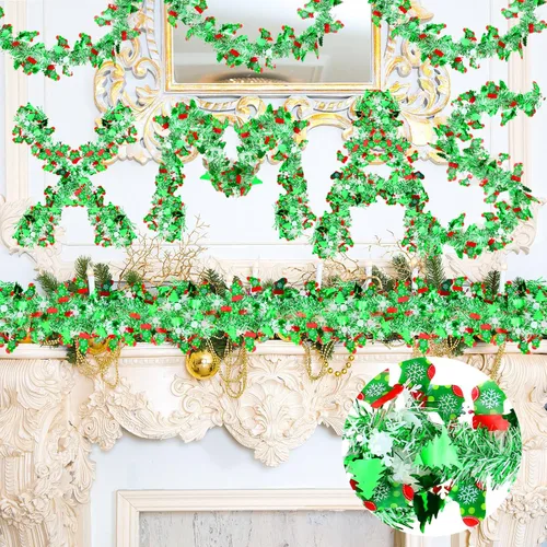 Vista 5 de XunYee Guirnalda de Oropel de Copos de Nieve para Árbol de Navidad de 98 pies, Decoraciones de Guirnalda Metálica Trenzada Roja Verde, Adorno