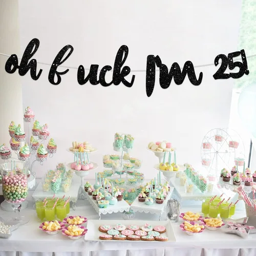 Vista 6 de Oh Luck I'm 25! - Pancarta de fondo con purpurina negra de Hallo Fifteen Cheers to 25 años de edad, decoración temática para mujer y hombre, feliz