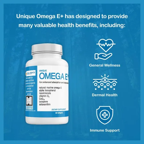Vista 4 de UNIQUE E A.C. Grace Company Omega E+ - Suplemento de aceite de pescado - con ácidos grasos omega-3 marinos, vitamina E, vitamina D3 y CoQ10 - Ayuda