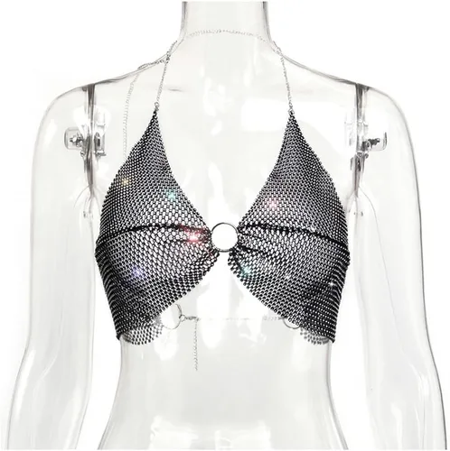 Vista 5 de Camiseta corta sin espalda con diamantes de imitación brillantes para mujer, sexy, halter, transparente, para salir por la noche, fiesta, club