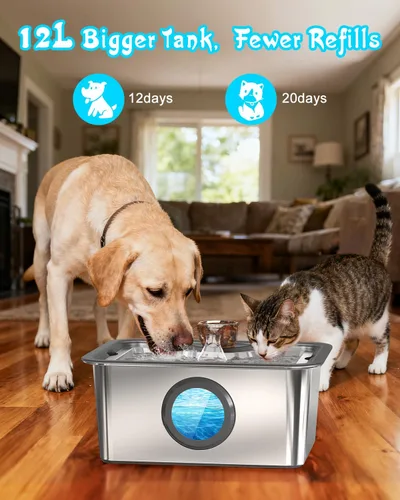 Vista 5 de Fuente de agua para perros grandes, fuente de agua para mascotas de acero inoxidable 304 de 12 litros con 5 filtros y 2 bombas de agua