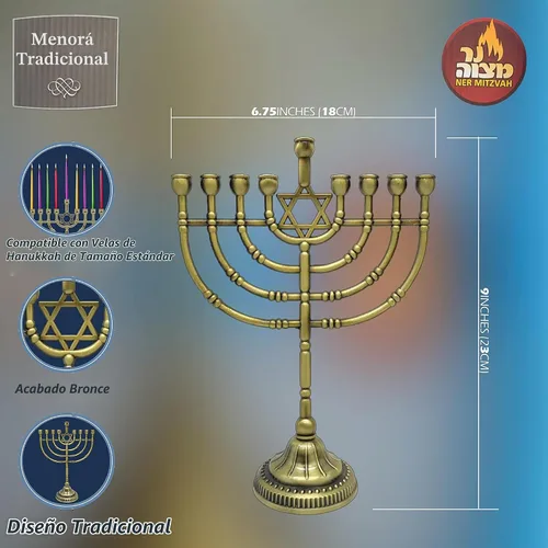 Vista 4 de Ner Mitzvah Menorá Tradicional de Bronce para Velas - Velas de Janucá - 9 pulgadas de alto