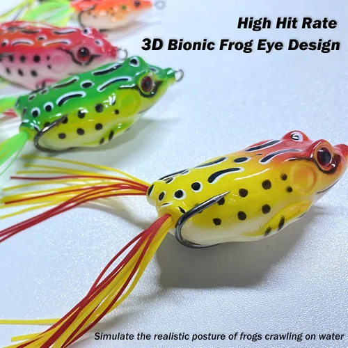Vista 6 de Señuelo de rana Topwater, kit de señuelos de pesca para trucha, señuelos de rana realistas con ganchos sin hierbas, cebo flotante suave para agua
