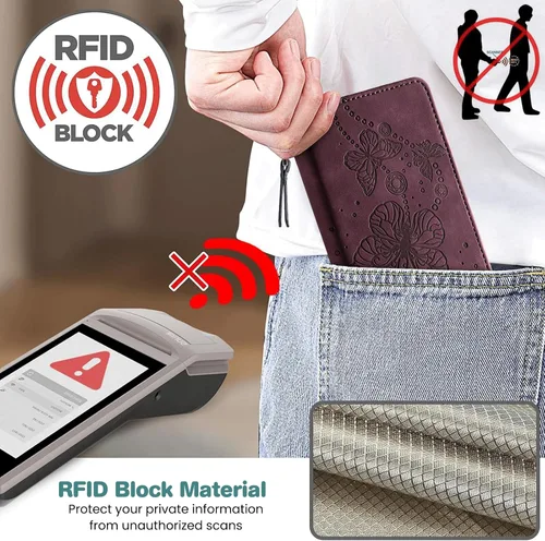 Vista 4 de Funda tipo cartera para iPhone 14 Plus, color borgoña Bloqueo RFID, soporte para 3 tarjetas, carcasa de TPU a prueba de golpes, cierre magnético